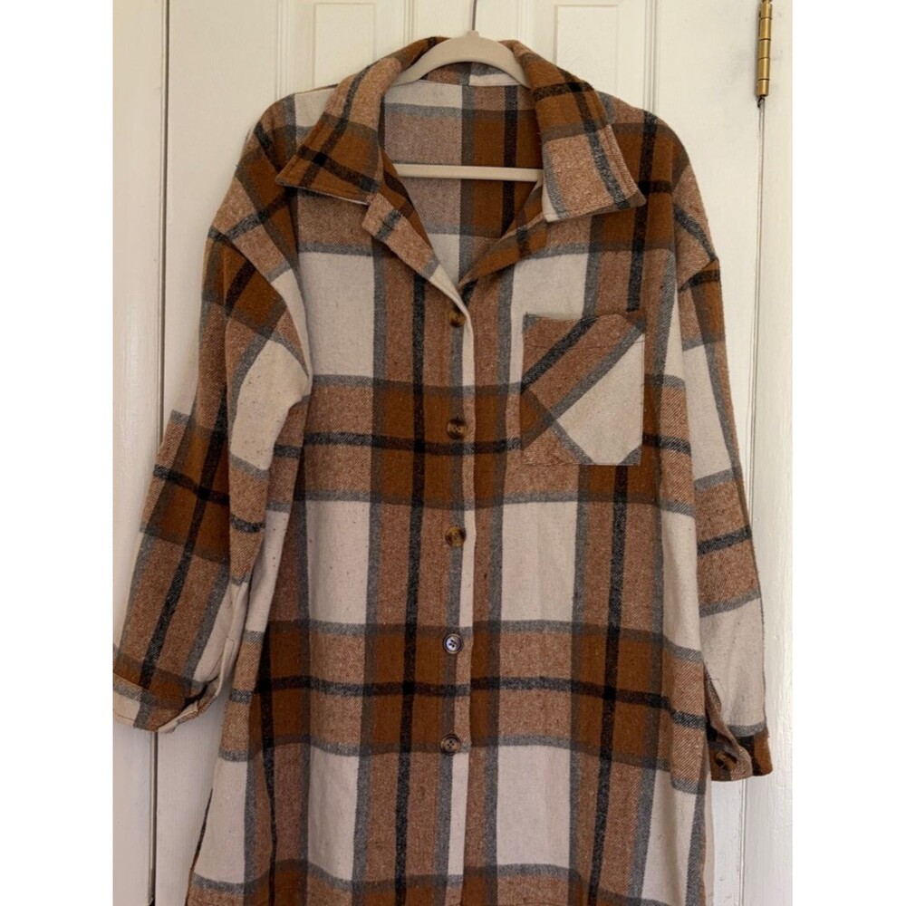 Women’s Cream and Brown Oversized Flannel Shacket Size XL